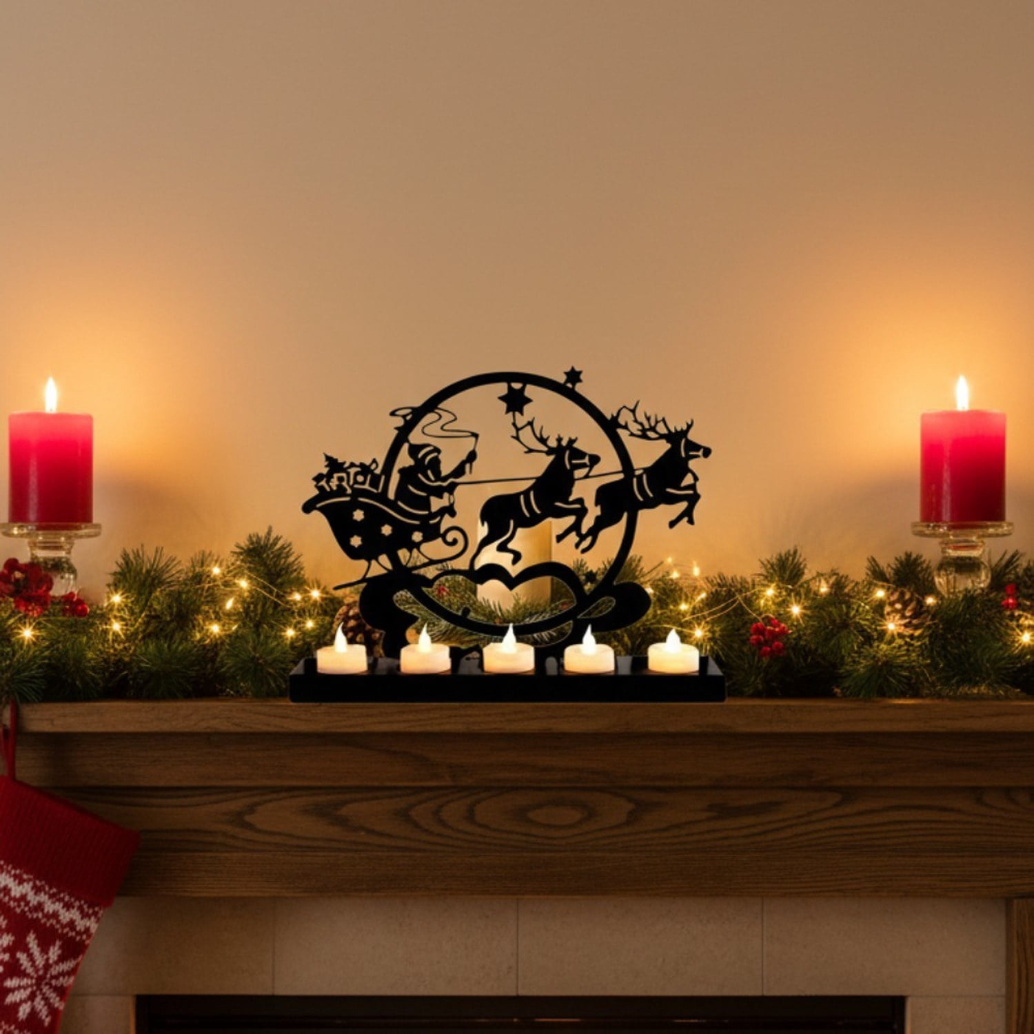 Christmas Metal Sign with Santa and Reindeer Design, Rustic Farmhouse Tabletop and Fireplace Decor