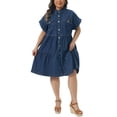 thumbnail image 2 of Agnes Orinda Women's Plus Size Denim Babydoll Dress Short Sleeve Button Down Tiered Hem Casual A-line Jean Dresses with Pockets 1X Dark Blue, 2 of 6