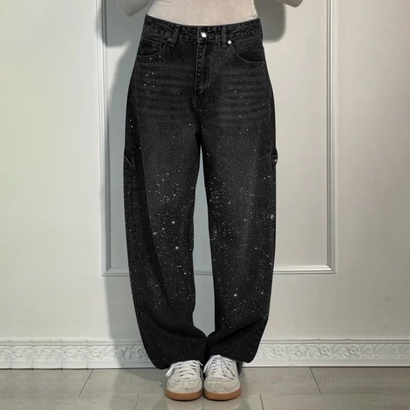 Women's High Waist Harem Jeans, Loose Baggy Wide Leg Denim Pants with Rhinestones, Casual Distressed Washed Jeans for Streetwear, Daily Wear and Outfits Black L