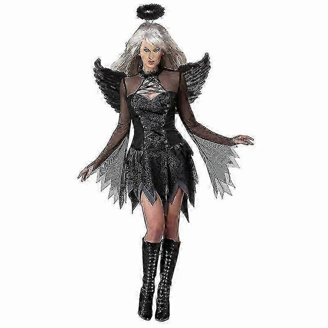 Ladies Adult Dark Fallen Angel Fancy Dress Costume Halloween Black Fairy Outfit