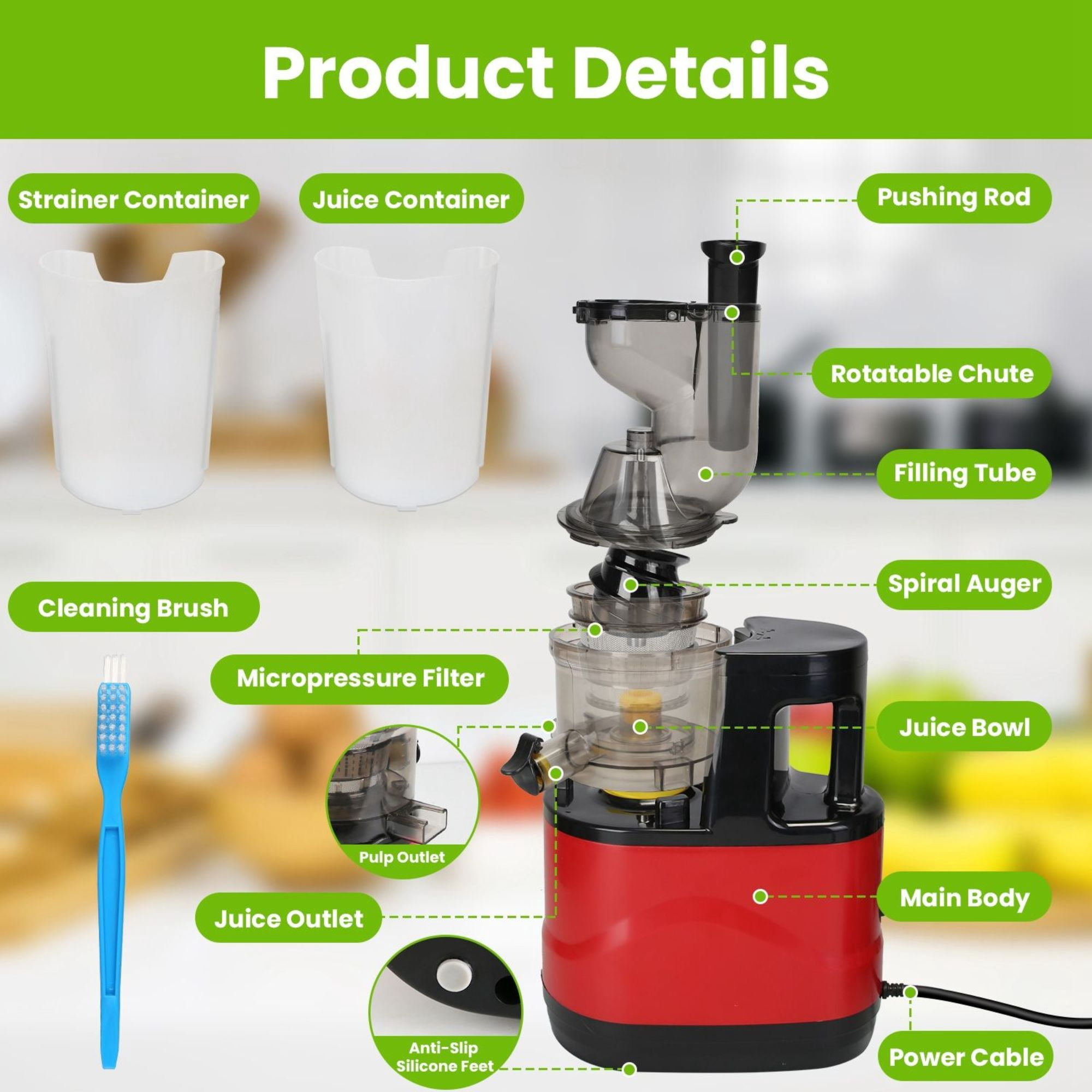 300W Cold Press Juicer Machine - Slow Masticating Juicer for Fruits & Veggies