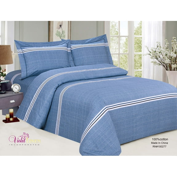 Violet Linen French Cheerful Pattern, Luxury Ultra Soft 200 Thread Count Cotton Percale, Blue, Twin 39-inch, 6 Piece, Bedding Duvet Cover Set for Two Beds