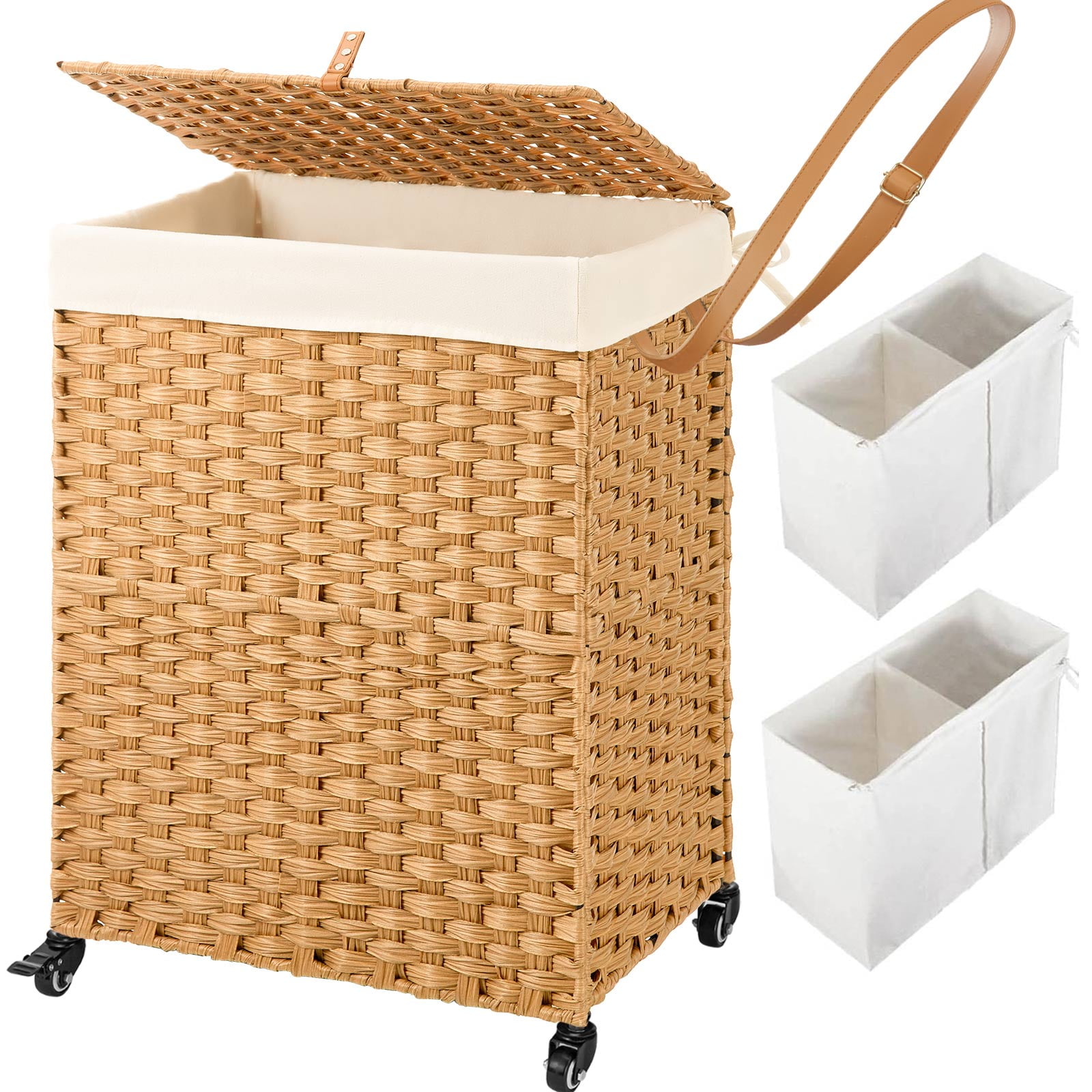 Rolanstar 90L Laundry Hamper with Wheels, No Install Needed, Divided Handwoven Hampers & 2 Removable Liner Bags, Synthetic Rattan Clothes Laundry Basket with Lid & Handles, Foldable Hampers Natrual