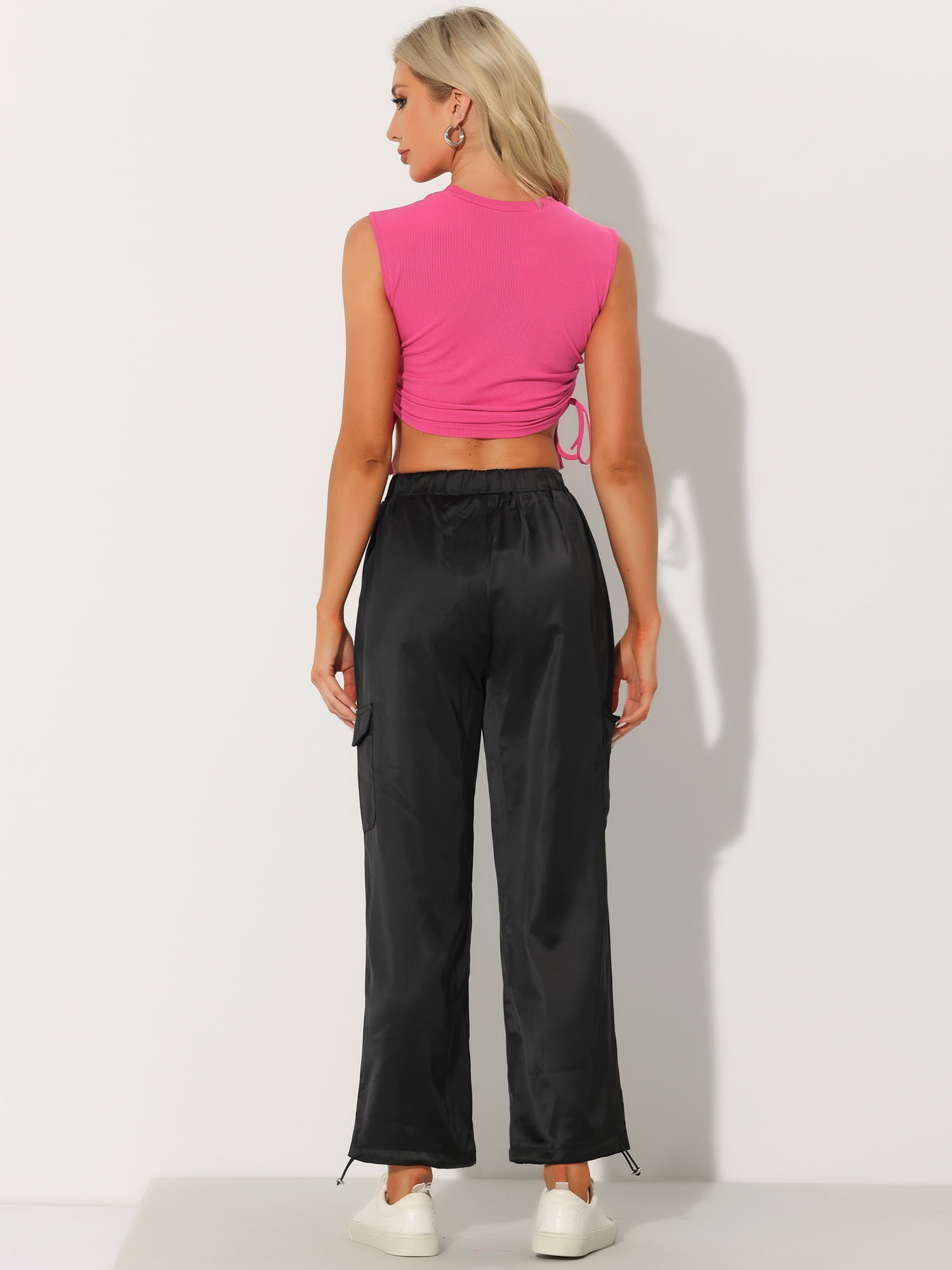 Unique Bargains 2pc Outfits for Women's Sleeveless Tank Top Satin Cargo Pants Tracksuit XL Black Pink