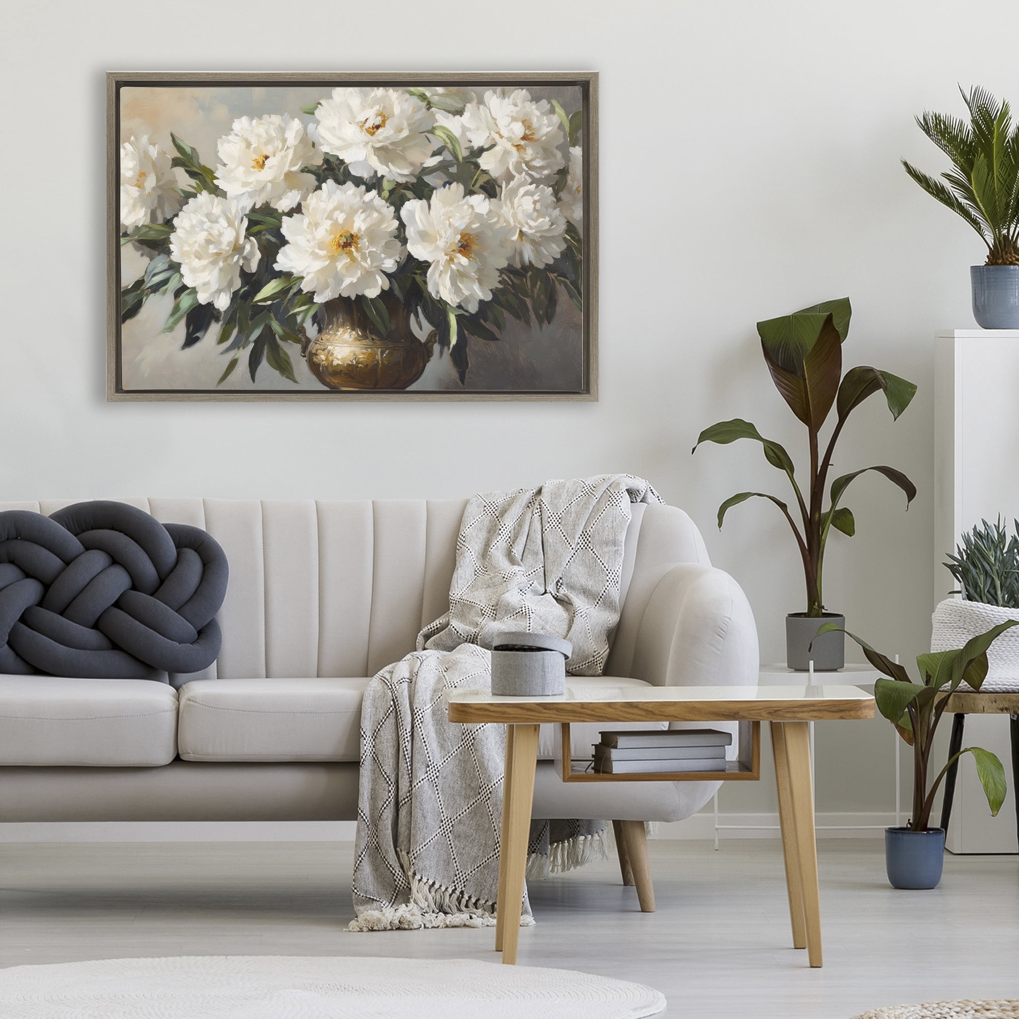 Stupell Industries Golden Vase with Peonies Brown Framed Floater Canvas Wall Art, design by Petal Prints Design