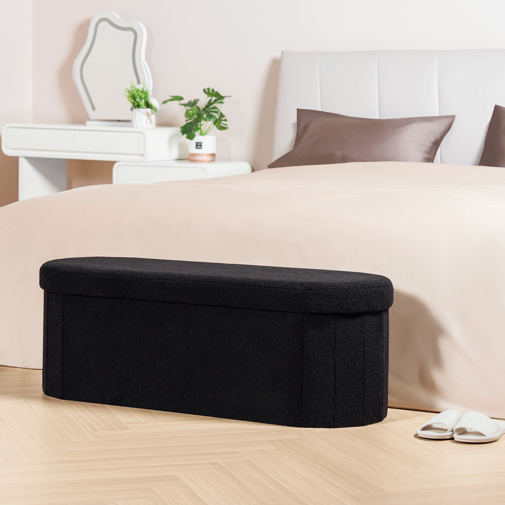 PINPLUS Storage Ottoman Bench Tufted Oval Ottoman Bench Foot Rest Velvet Bench with Storage 43" Black