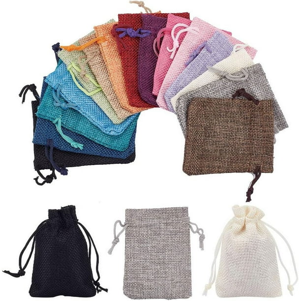 Bolsas de regalo de arpillera de 15 colores con cordón, de 2,7 x 3,5 pulgadas, pequeñas bolsas de tela para regalo, de lino, para guardar joyas.
