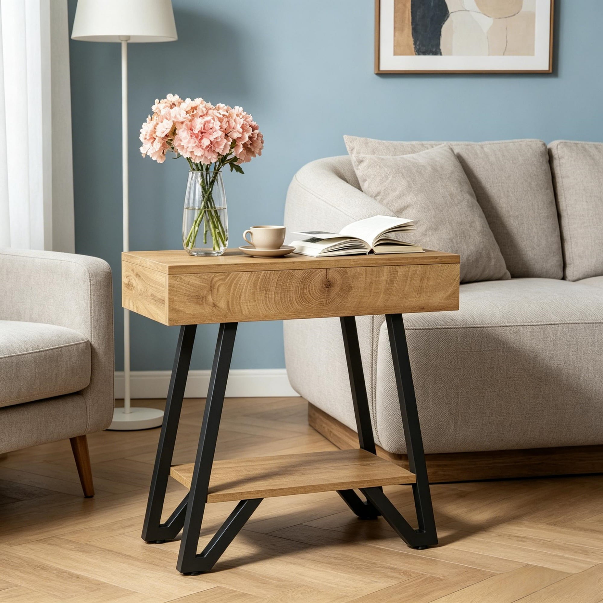 Solid Wood Side Table with A-Frame Design for Living Room