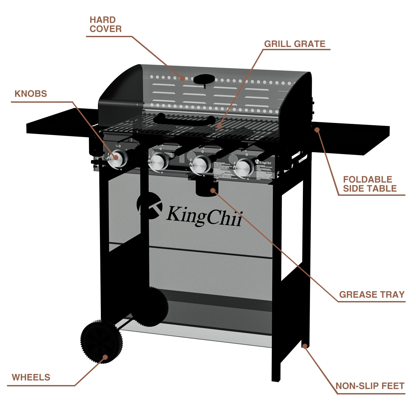 4-Burner Propane Grill Smoker, Kingchii 38,000 BTUs Gas Grill with Foldable Side Tables, Built-in Thermometer for Outdoor Grilling, BBQs and Camping