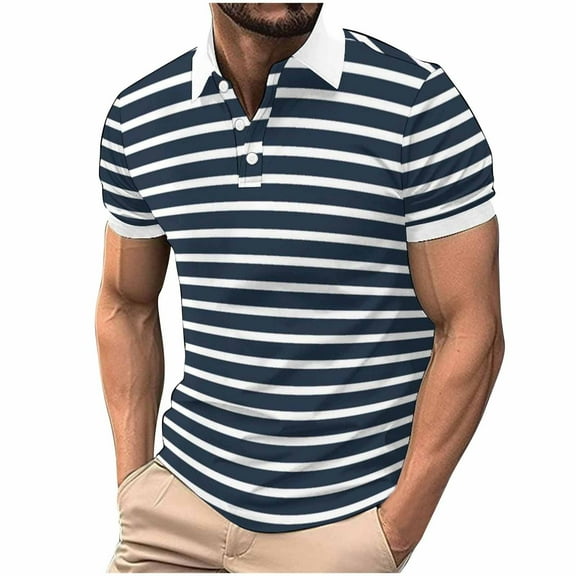 IYTR Mens Shirts Short Sleeve Striped Print Classic Tshirt Business Casual Lapel Button Fashion Mens T Shirts Leisure Loose Blouses(Navy,XXL)