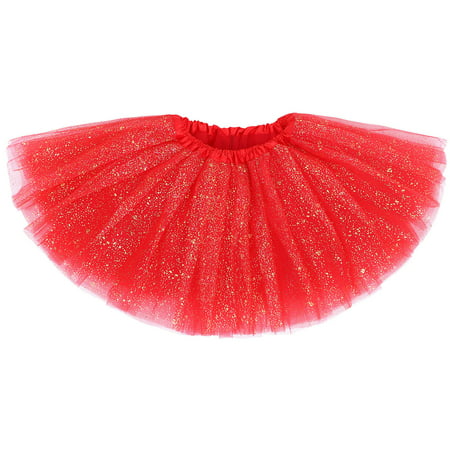 Girls Four Layered Sparkling Sequins Princess Tutu Skirt Ballet Dance Dress Red