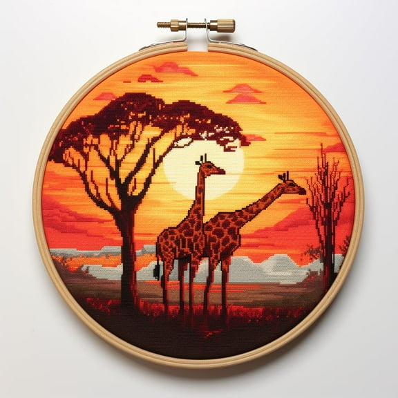 Giraffee and Sunset Stamped Cross Stitch Kits for Beginners Easy with Hoop 11CT Needlepoint Embroidery DIY Counted Cross Stitch Kits Art Craft Wall Decor 35x35cm(3)
