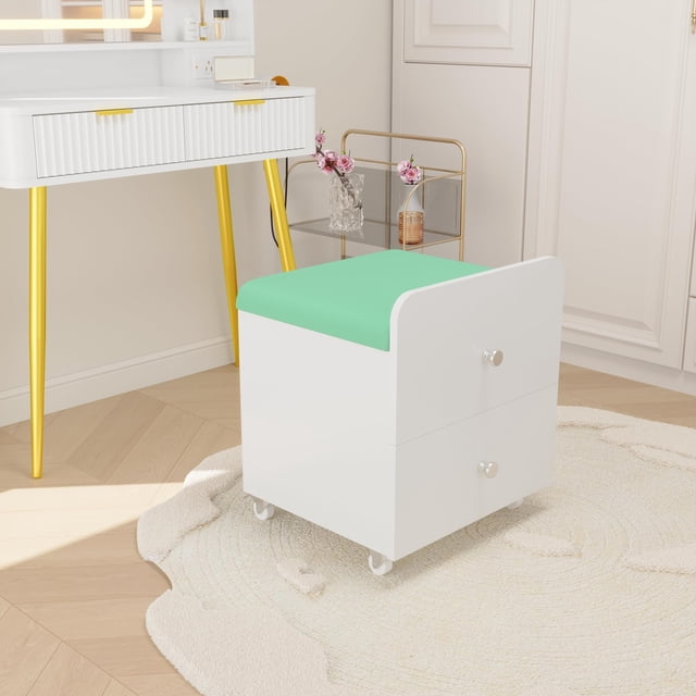 Kojooin Tabouret de Coiffeuse Moderne avec Tiroir de Rangement, Chaise de Coiffeuse Rembourrée sur Roulettes