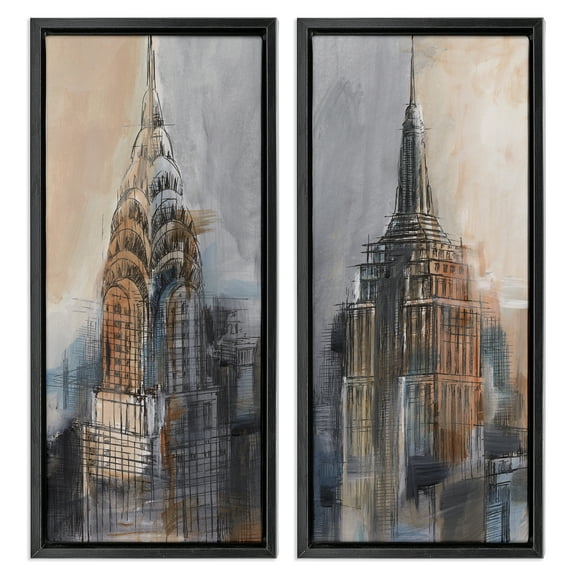Stupell Industries City Architecture Sketches Scenic & Cityscapes Painting Black Floater Framed Canvas Art Print Wall Art, 11 x 25, Set of 2