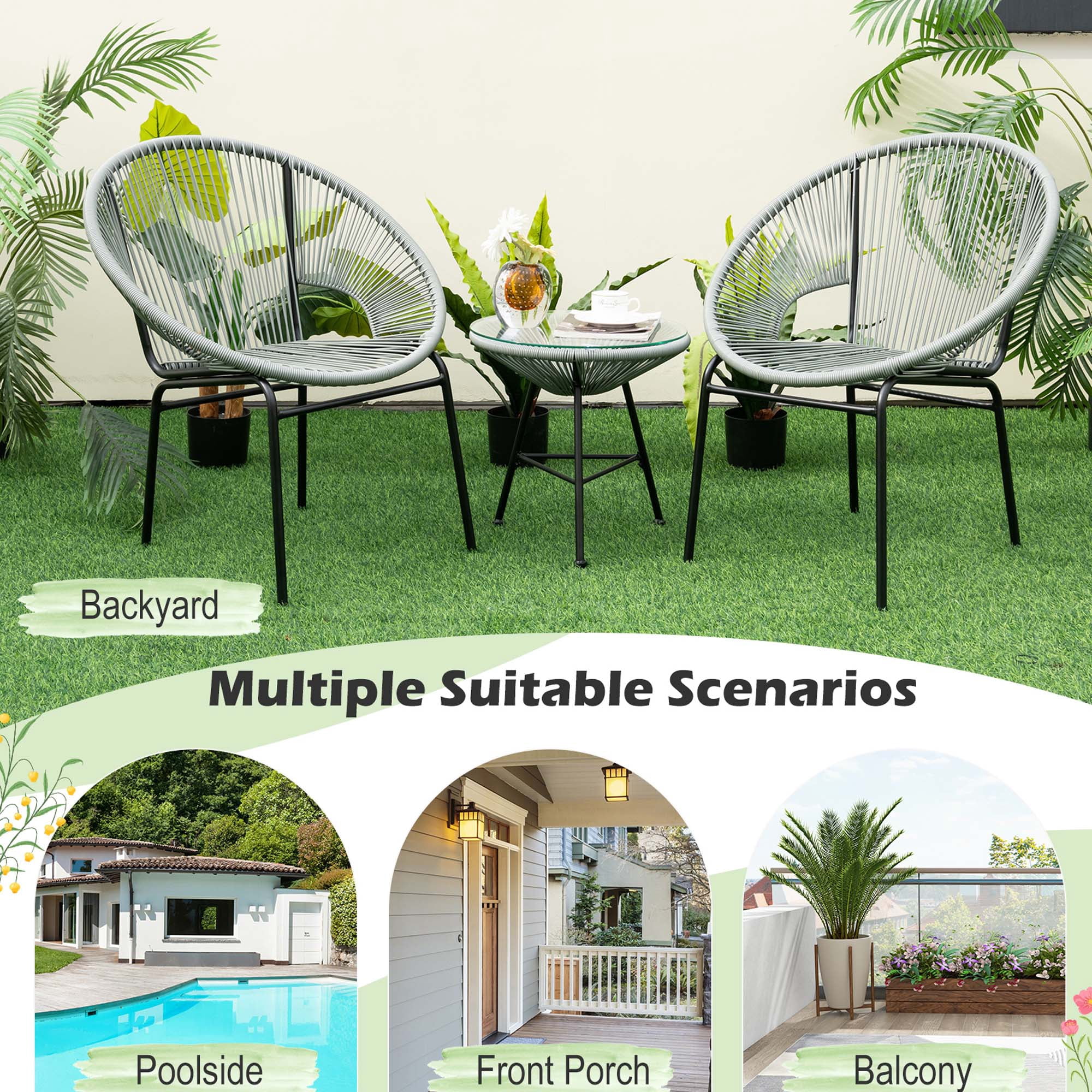 Costway 3PCS Patio Acapulco Furniture Bistro Set Plastic Rope Glass Table Grey