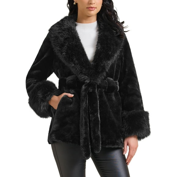 Women's Faux Fur Coat Winter Lapel Shaggy Warm Fluffy Jacket with Pockets L Black