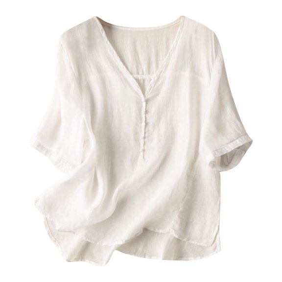 Yuncity Women Tees Short Sleeve V Neck Solid Color Plus Size Loose Summer Casual Breathable Outdoor Daily Wear Women's T-Shirts Size L White