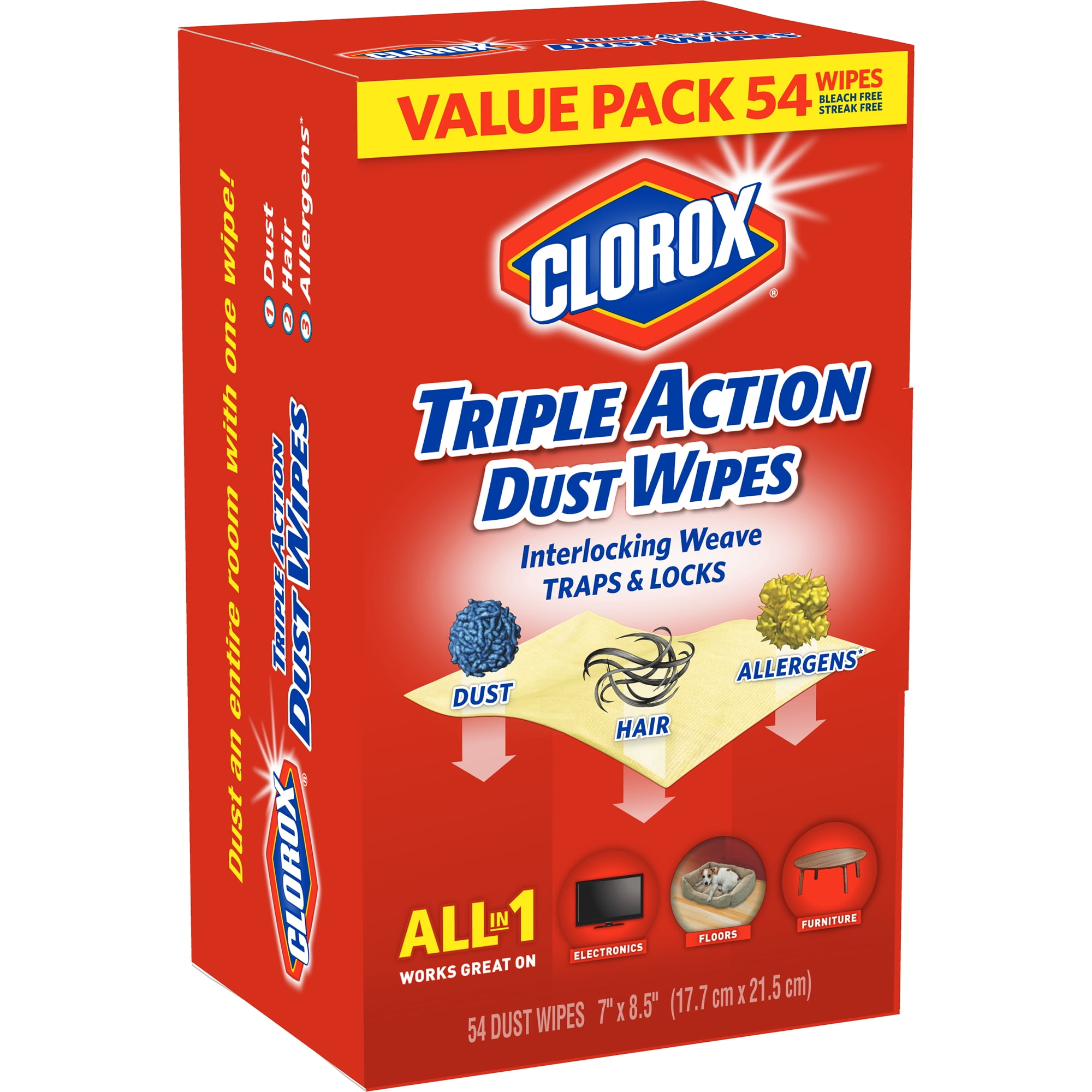 Clorox Triple Action Dust Wipes, Bleach Free Cleaning Wipes - 54 ct