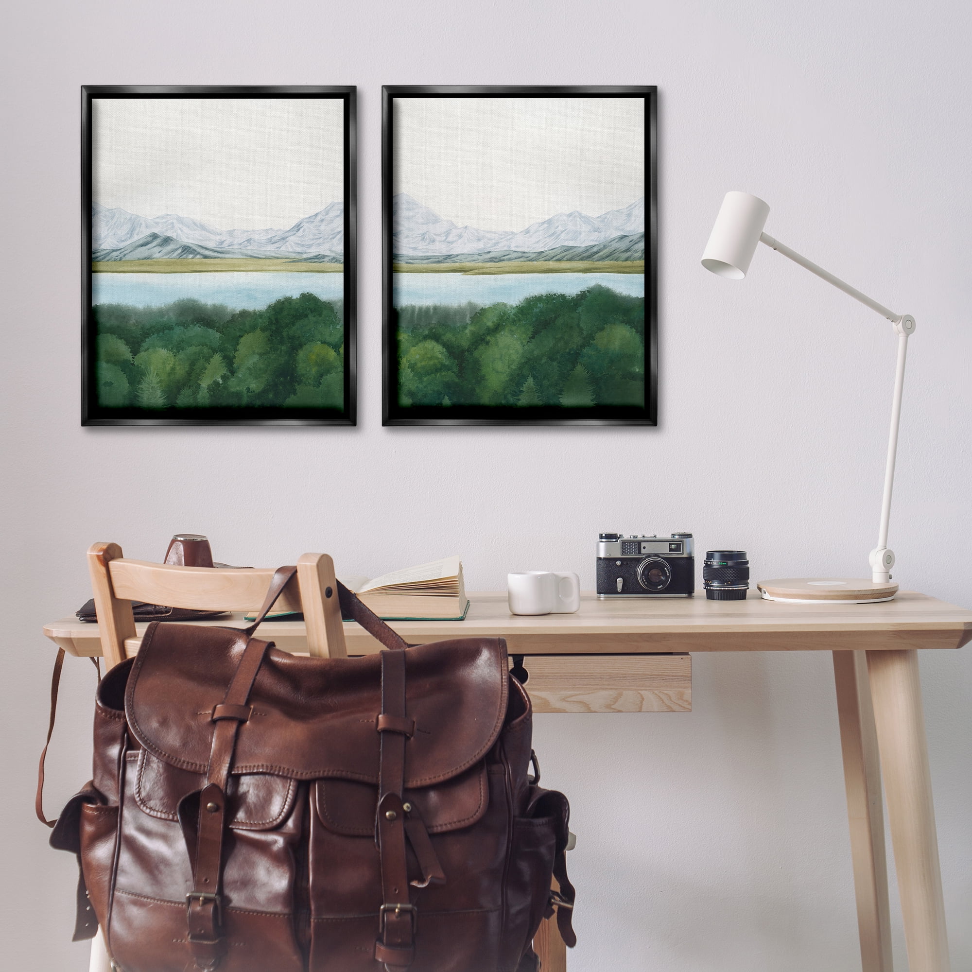 Stupell Industries View Over Mountain Trees Landscape & Nature Painting Black Floater Framed Canvas Art Print Wall Art, 31 x 25, Set of 2