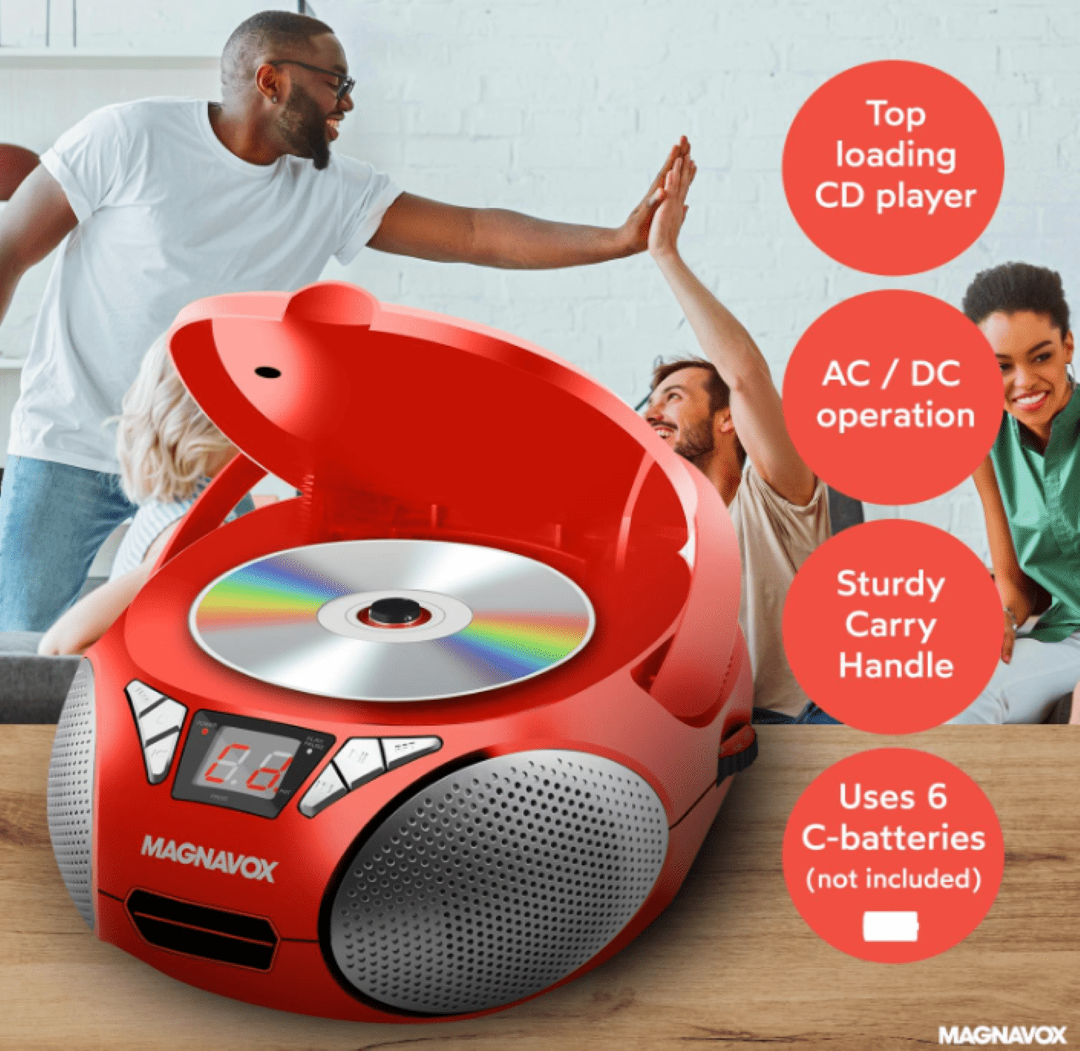Magnavox Portable CD Boombox with FM Stereo Radio, Top-Loading CD Player, AUX Input, LED Display, AC/DC Power, Battery Operated Boombox, Red