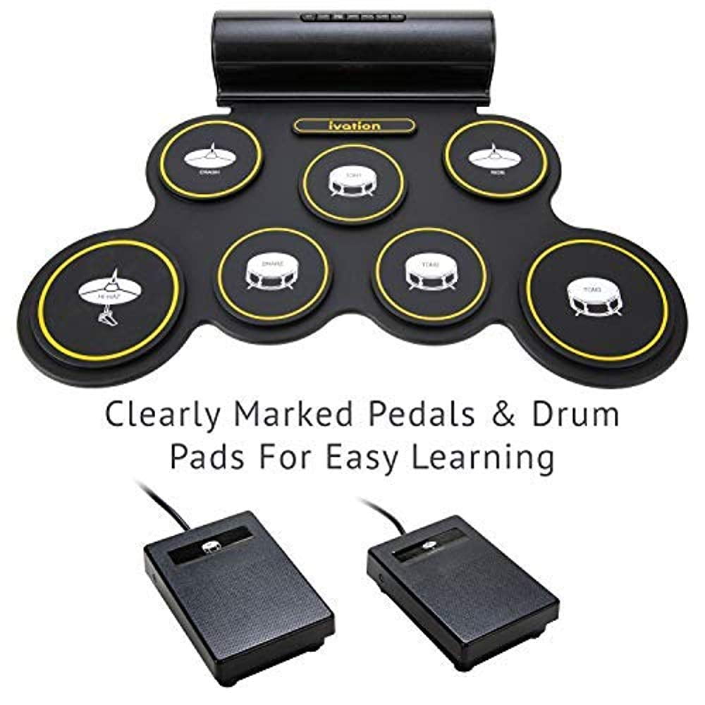 With Speaker and Built in Rechargeable Battery Ivation Portable Electronic Drum Pad 7 Labeled Pads 2 Foot Pedals Kids Children Beginners Digital Roll-Up Touch Sensitive Drum Practice Kit 