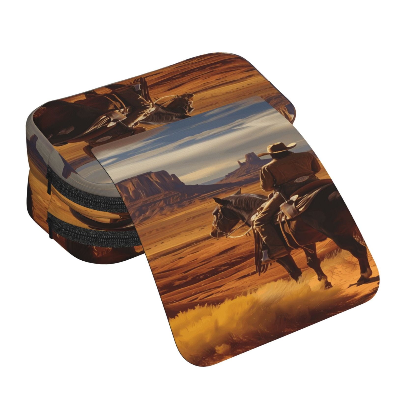 Rateoe Western Desert Cowboy Cloud Pattern Double Clamshell Pen Case, Storage Organizer with Two Zipper Compartments– Holds Up to 50 Pencils & Pens