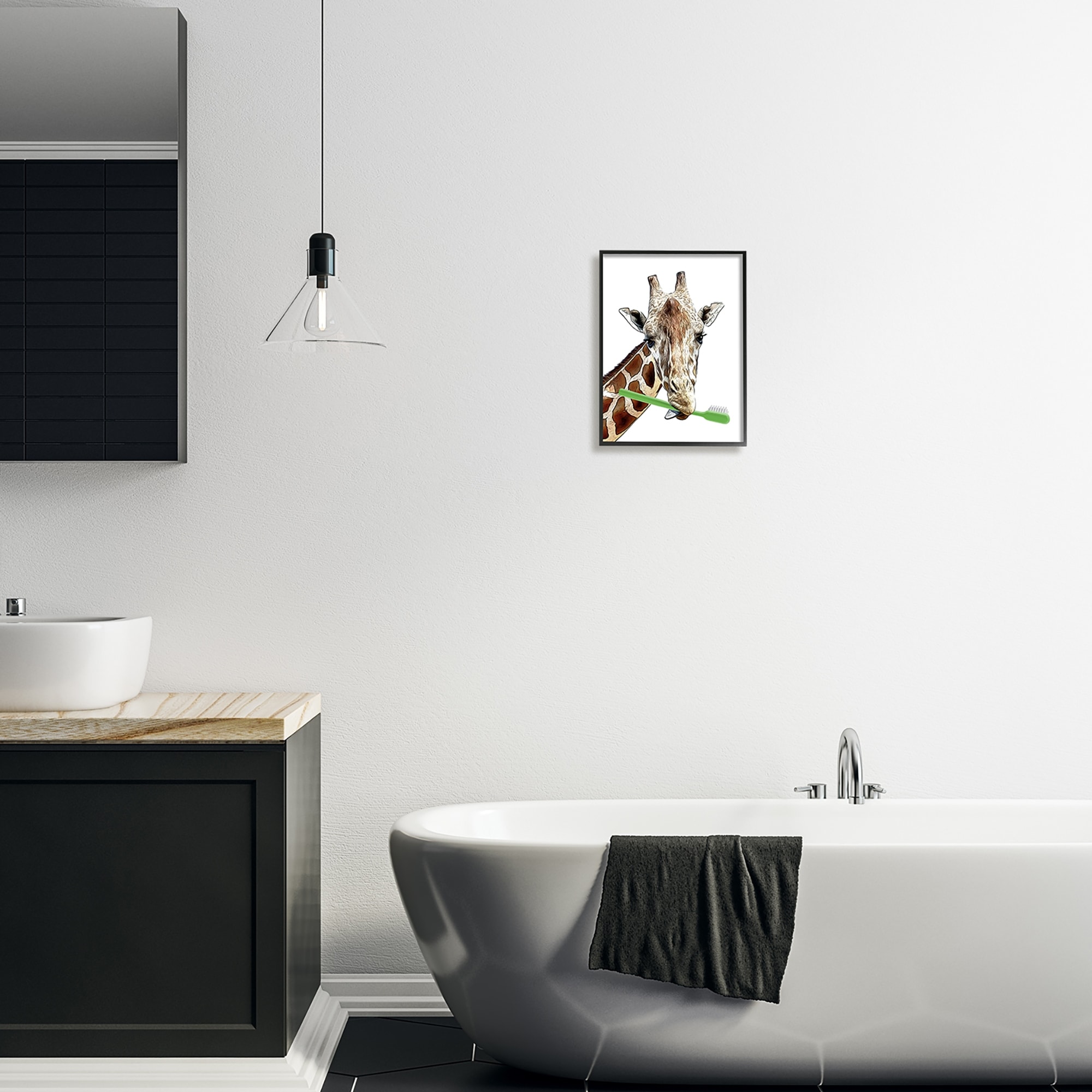 Stupell Industries Giraffe Green Toothbrush Bathroom Animals & Insects Painting Black Framed Art Print Wall Art