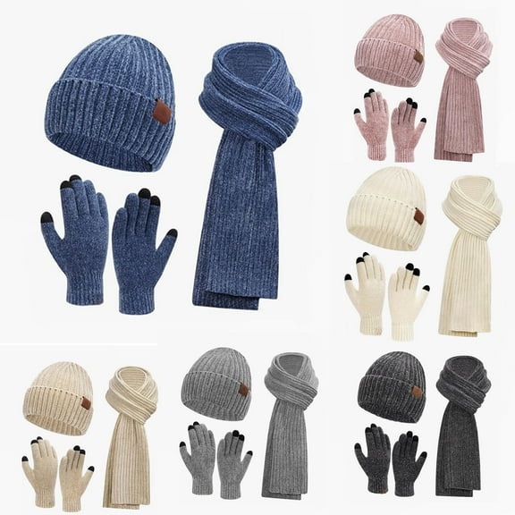 Winter Beanie Hat Scarf and Touchscreen Gloves Set for Men Women, Warm Knit Skull Cap with Fleece Lined Gifts Christmas Gift