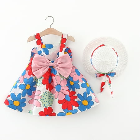 

PatPat Newborn Baby Girl Floral Princess Dress+Hat Set Toddler Summer Outfits Beach Swing Sundress Sleeveless Strap Backless Caual Dress with Straw Hat Cute Cotton Birthday Party Dresses 0-3T
