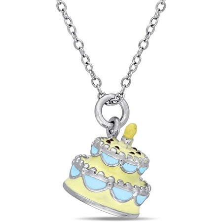 Cutie Pie Sterling Silver Kids' Birthday Cake Pendant with Blue and Yellow Enamel, 14 with 2 Extension