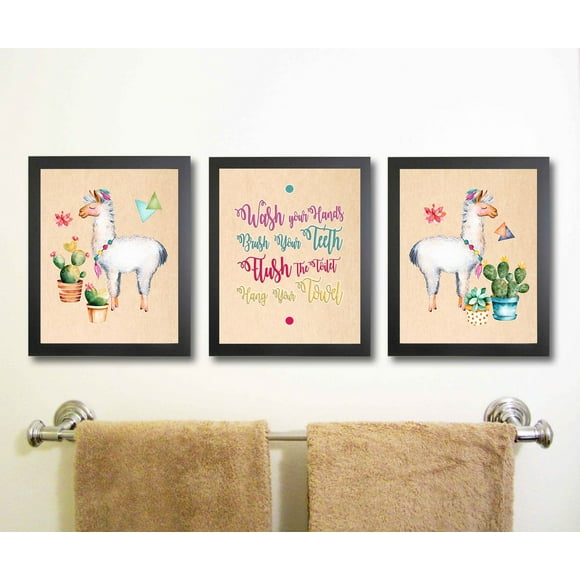 Llama Themed Bathroom Wall Art Print Decoration (Set of 3) (Wash Up)