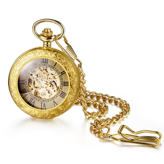 Luxury Mens Skeleton Auto Mechanical Pocket Watch Gold Hallow Pendant with Chain