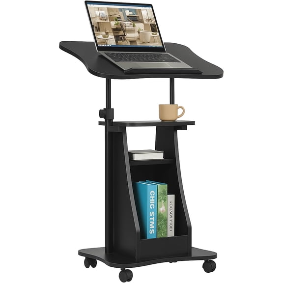 Mobile Lectern Podium, Height Adjustable Podium Stand, Standing Sit-to-Stand Desk, Rolling Cart Laptop Desk with Swivel Top Movable Wheels & Storage