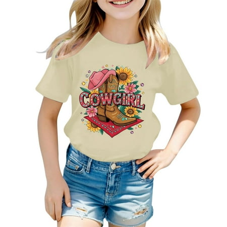 Bainana Child Girls Tops Fashionable Casual Cartoon Print Short Sleeve Crew Neck T Shirt Top Teen Girls Classic Fit Breathable Summer Tshirts Beige Size 10-11 Years
