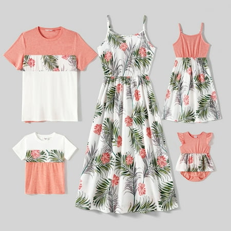 

PatPat Mommy and Me Family Matching Allover Plant Print Cami Dresses and Short-sleeve Colorblock Spliced T-shirts Sets