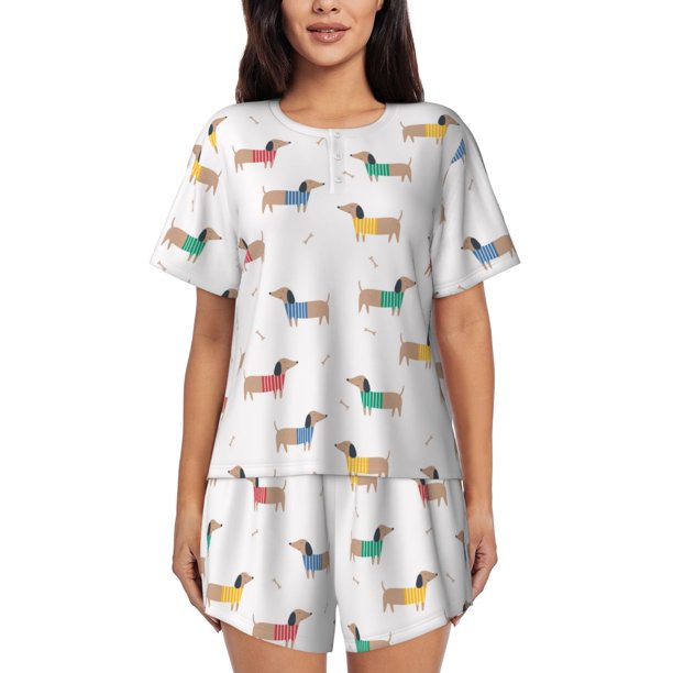 Fotbe Dachshund Dog Puppy Conjunto de Pijama Estampado para Mujer, 2 Piezas, Ropa de Dormir con Camiseta de Manga Corta y Shorts Suaves-Large