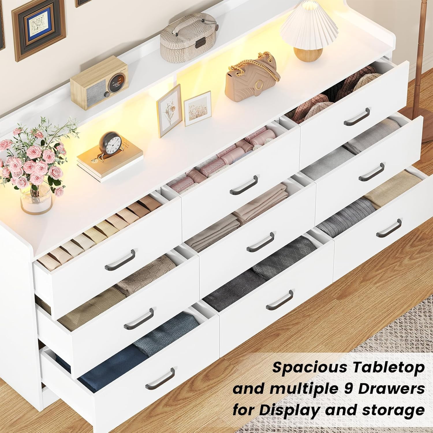 VVFLU Modern Dresser for Bedroom with LED Light, 9 Drawer White Dresser with Charging, Wooden Chest of Drawers, Large TV Stand for Bedroom