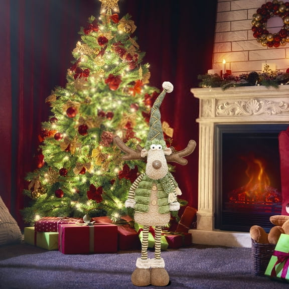 Christmas Reindeer Doll, Green Fabric Four-Legded Standing Decoration for Holiday Mantle and Tabletop Decor