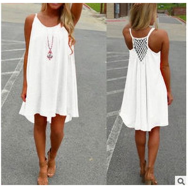 Robe Femme Dos Nu Sans Manches T-shirt Couleur Unie Robe Décontractée, Blanc, G