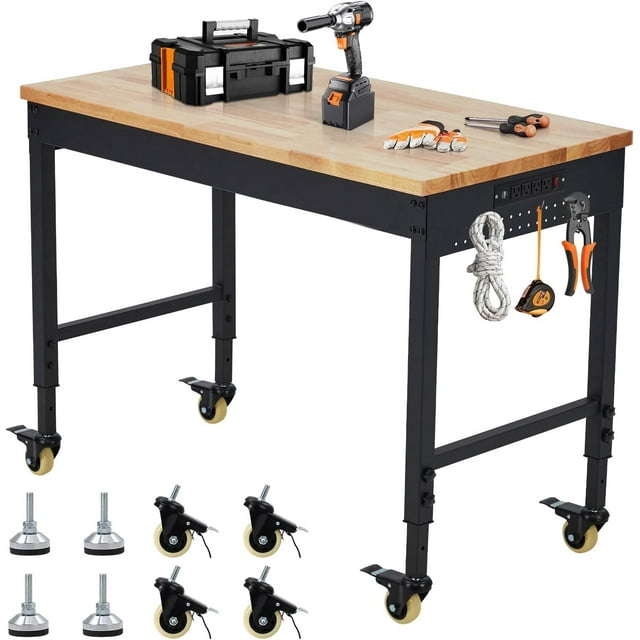 QinaQin 60-Inch x 22-Inch Garage Workbench, Heavy-Duty Workbench, with Power Outlet, Multi-Functional Rubberwood Workbench with 4 Lockable Wheels, Hardwood Workbench - 2000 Lb Load Capacity