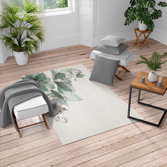 Flowers Turkish Area Rug, Buds Leaf at the top Left Corner Season Celebrating Theme Illustration, Soft Carpet for Living Room Decor, 4' X 5.7', Jade Green White, by Ambesonne
