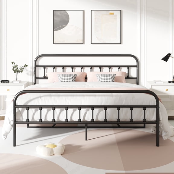 King Platform Bed Frame with Headboard and Footboard, Sesslife King Size Bed Frame for Teens Adults, Rustic Vintage Metal Platform Bed Frame, No Box Spring Needed, Easy Assembly, Noise Free, Black