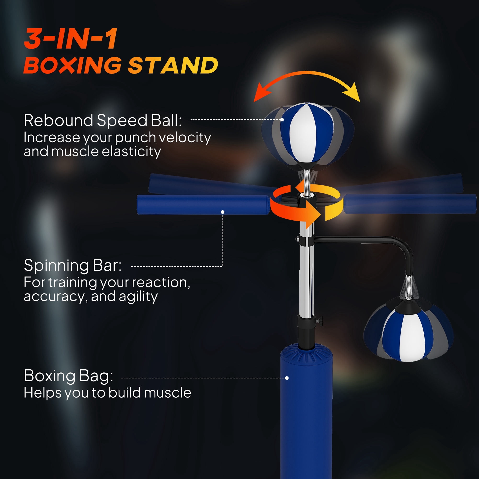 Soozier 4.6'-6.7' Speed Bag Boxing Bag Stand with Reaction Bar Challenge, Reflex Bag Boxing Training Equipment, Speed Punching Bag, Blue