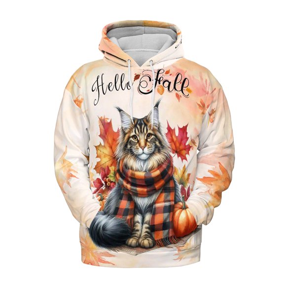 Hello Fall Maine Coon Scarf Welcome Autumn with Leaves Pumpkins All Over Print 3D Hoodie Unisex Merch Hoodies Cat Lover Kitten Owner Gifts - 00011