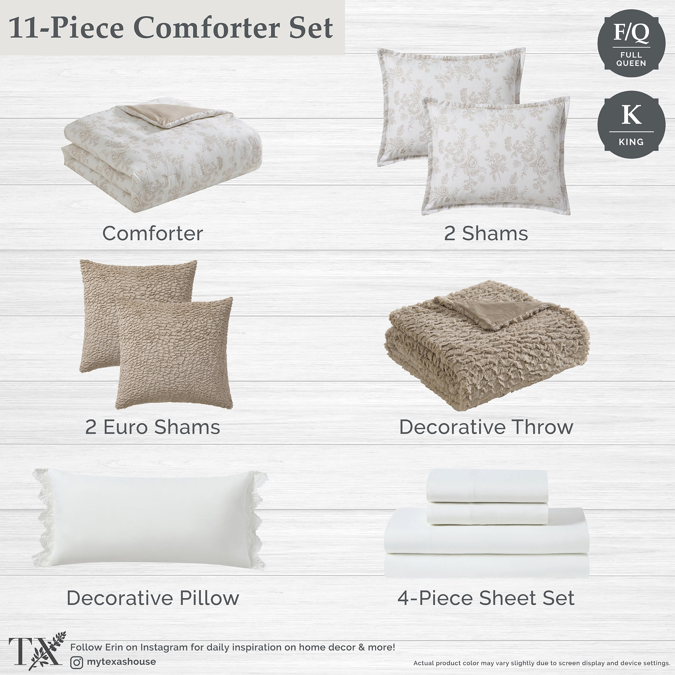 My Texas House Floral 11-Piece Comforter Set with Sheets, Taupe, Queen