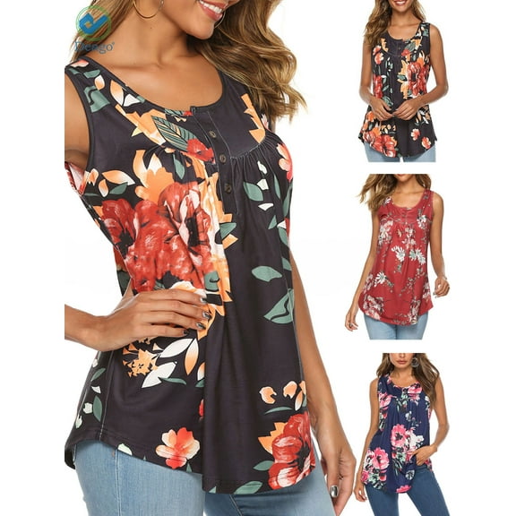 Deago Women's Plus Size Flowy Tank Tops Summer Sleeveless Loose Fit Pleated Tunic Shirts (Black, S)