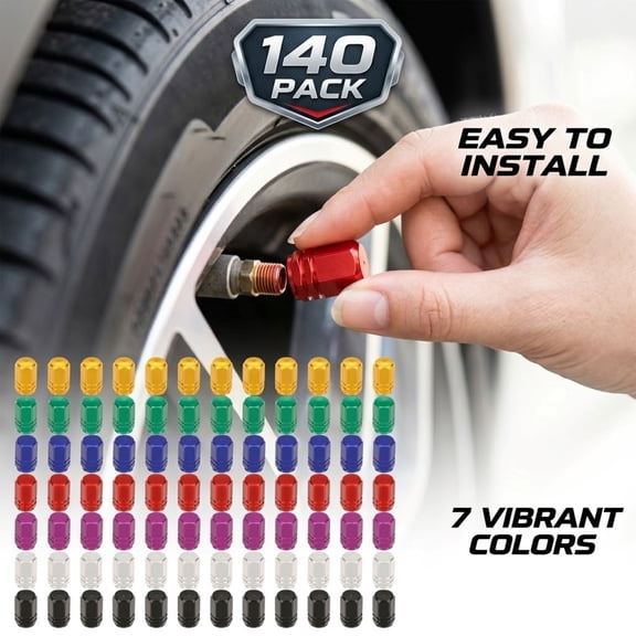 140 Pack Tire Valve Stem Caps for Cars, Anodized Aluminum Alloy Valve Caps, 7-Color Tire Air Valve Covers for Cars, Trucks, SUVs, RVs & Bikes