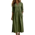 thumbnail image 2 of Ayolanni Fall Dresses for Women V Neck Cotton 3/4 Sleeve A-Line Maxi Dresses Flowy Solid Daily Side Slit Long Dress with Pockets Green L, 2 of 7