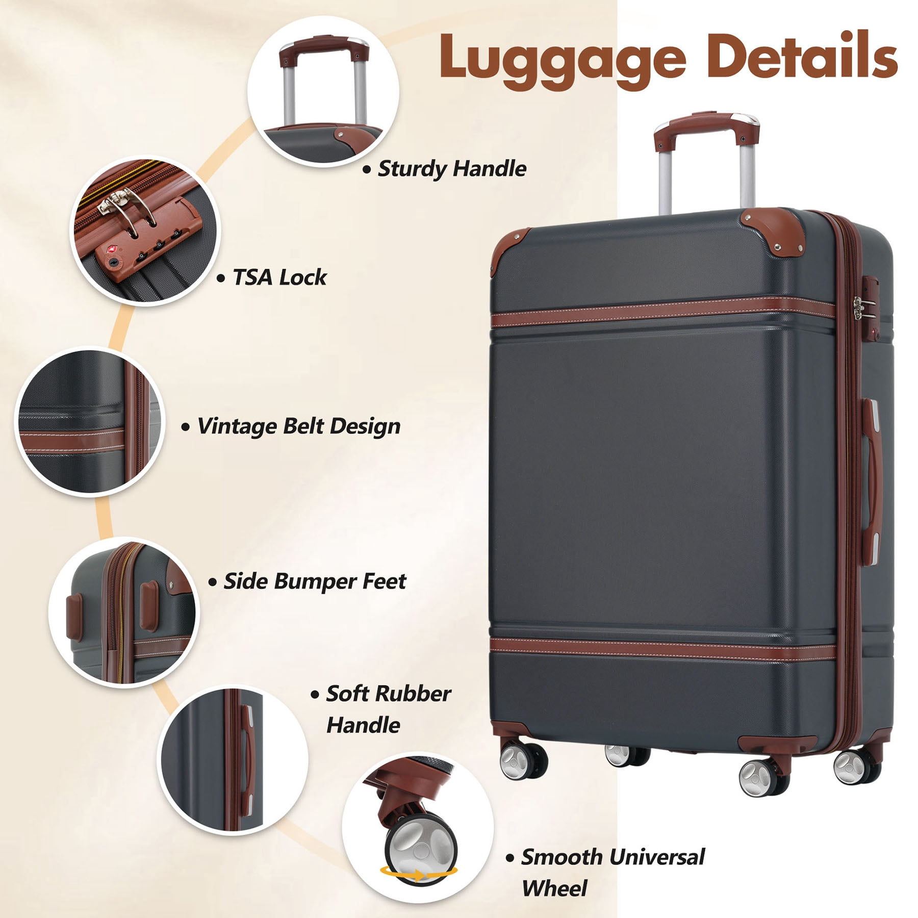 S-HOME Versatile  Hardshell Luggage Set in Vintage Design with 24 Inch Suitcase, Travel Duffel Bag and Toiletry Bag, TSA Lock and Spinner for All Journeys, Black
