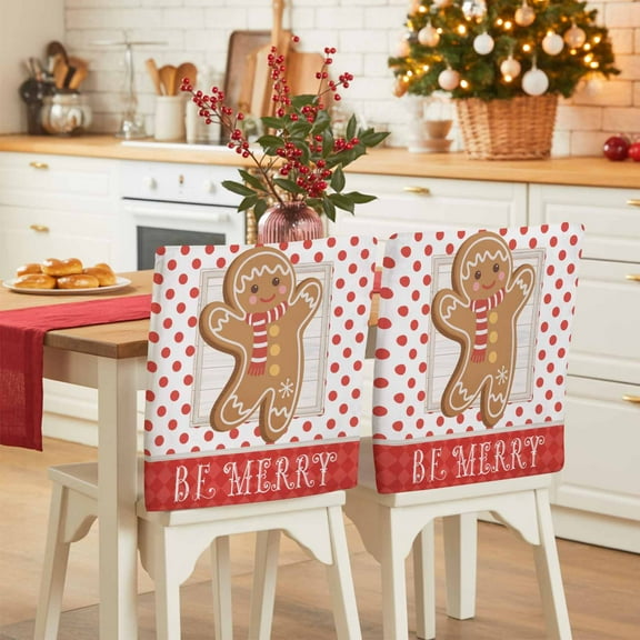 Christmas Gingerbread Man Chair Covers Set of 4 Cute Red Polka Dot Be Merry Funny Chair Back Covers Stretch Removable Washable Slipcovers Protector for Dining Room Kitchen Party Decor